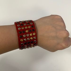 Red leather bracelet with gold silver and dark inlets size small medium